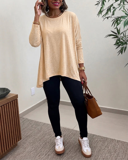 Haut à manches longues avec ourlet asymétrique pour femme, coupe ample, épaules tombantes, col rond, doux, ample, décontracté