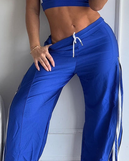 Contrast Side Striped & Zipper Slit Side Drawstring Elastic Waist Trousers Casual Wide Leg Pants