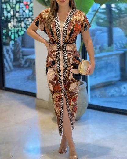 Vintage Baroque Print Deep V-Neck Short Sleeve Ruched Mid-length Dress Slim Fit Slit Front Vacation Dress