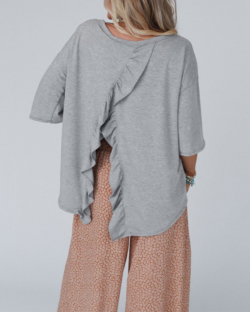 Women's Crewneck Drop Shoulder T-Shirt Back Ruffle Slit Half Sleeve Loose Casual Top