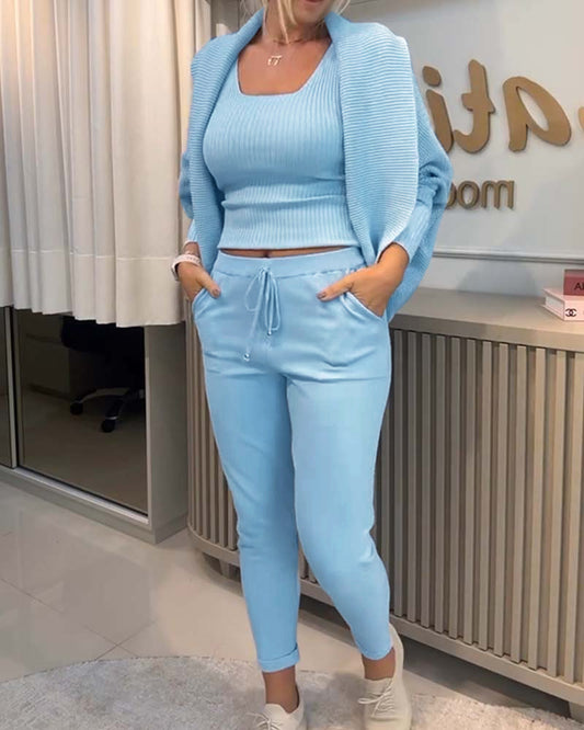 3PCS Batwing Sleeve Cardigan With Asymmetrical Neck Tank Top & Stretchy Waist Pants Set