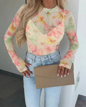 Top de malla con estampado floral estilo acuarela francesa para mujer, de manga larga, blusa transparente y corte ajustado, con orificios para los pulgares