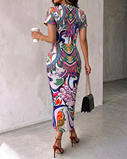 Women's Deep V Neck Abstract Print Bodycon Dress Elegant Ruched Front Slit Vacation Dress