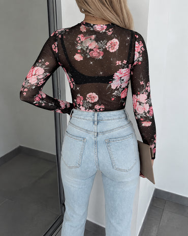 Women's Floral Rhinestone Sheer Mesh Top Long Sleeve Slim Fit Tee with Thumb Holes