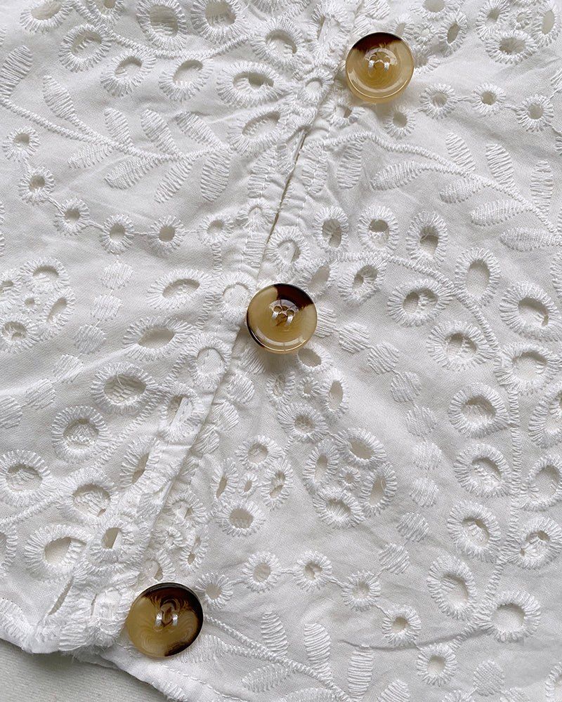 2 Pieces Outfit Eyelet Embroidery Short Sleeve Stand Collar Top and Casual Elastic Waist Shorts Set with Pockets