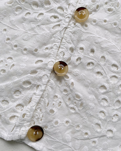 2 Pieces Outfit Eyelet Embroidery Short Sleeve Stand Collar Top and Casual Elastic Waist Shorts Set with Pockets