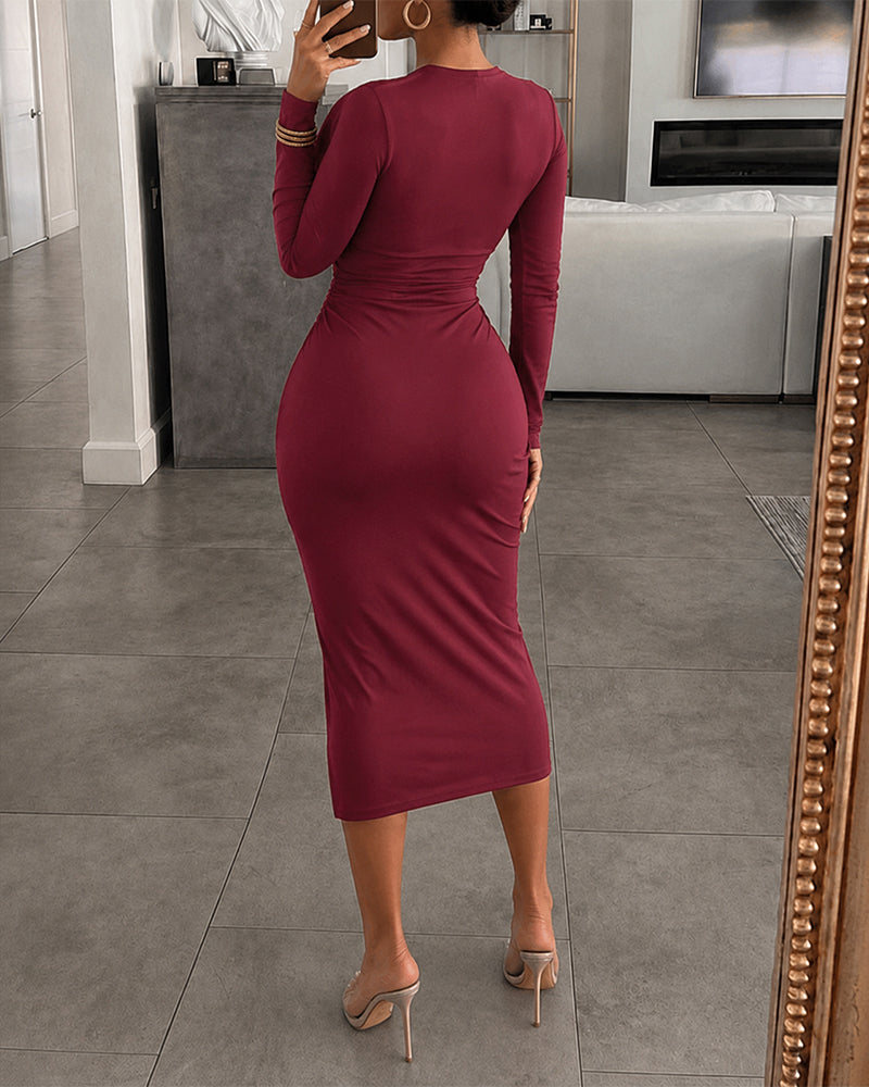 Women's Deep V Neck Long Sleeve Bodycon Dress Ruched Wrapped Slit Cocktail Dress