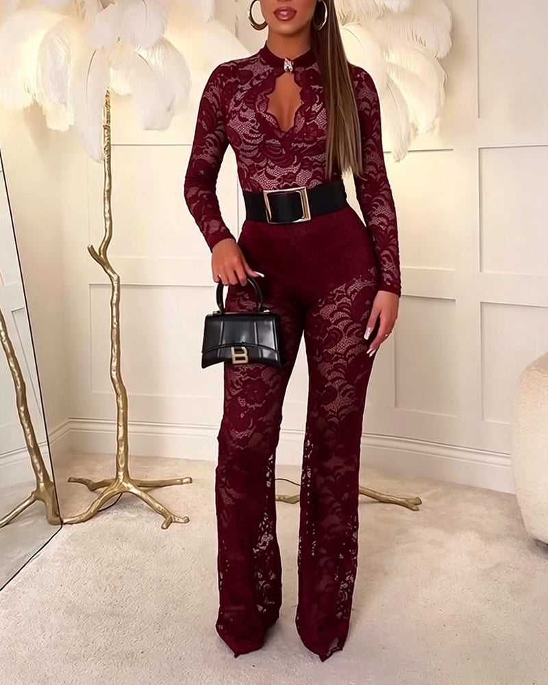 Women's 2 Piece Lace Outfits Keyhole Neck Long Sleeve Bodysuit and High Waisted Flare Pants Set Sexy Party Set without Belt