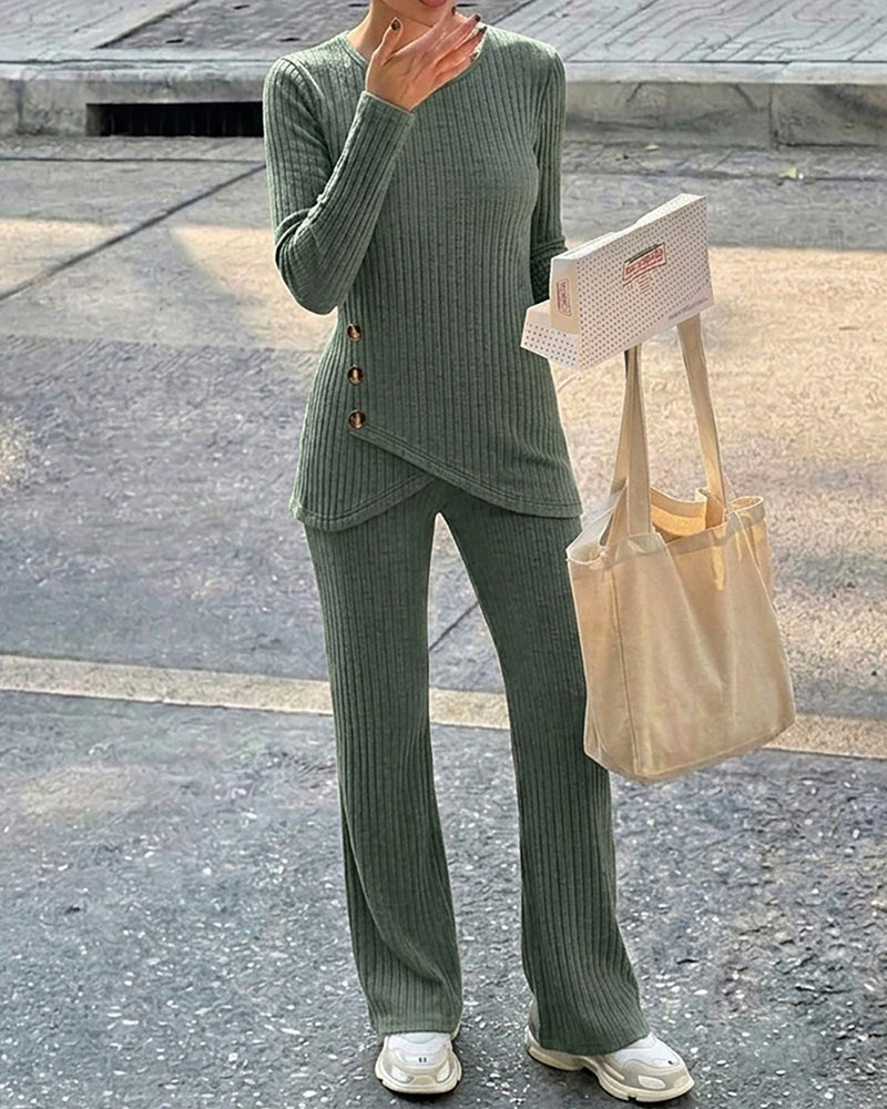 Women's Brushed Ribbed Knit 2 Piece Set Button Long Sleeve Top and Wide Leg Pants with Pockets Casual Loungewear
