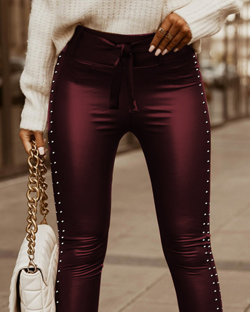 Side Studded Tied Detail Skinny Trousers High Waist Slit Hem PU Leather Pants