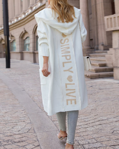 Letter Heart Pattern Long Cardigans Knitted Open Front Oversized Hooded Outerwear Sweater Coat