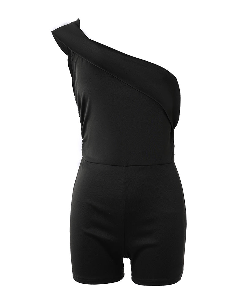 Women's Foldover One Shoulder Romper Slim Fit Ruched Sleeveless High Waist Romper