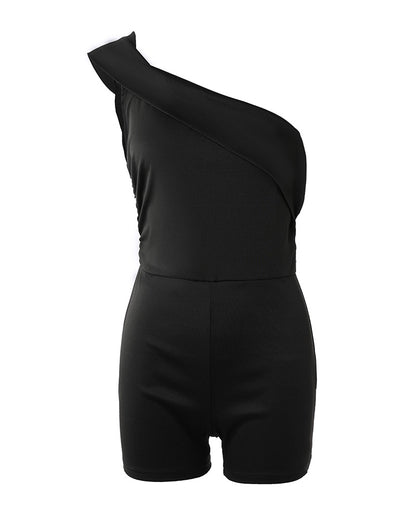 Women's Foldover One Shoulder Romper Slim Fit Ruched Sleeveless High Waist Romper
