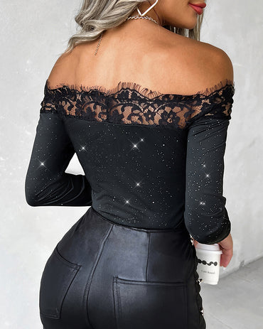 Glitter Off Shoulder Eyelash Lace Patch Top