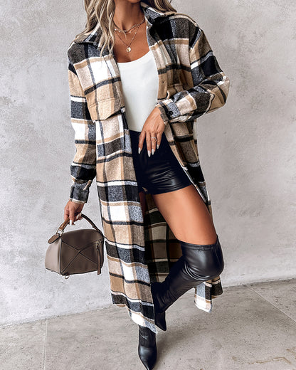 Plaid Print Buttoned Pocket Design Longline Coat