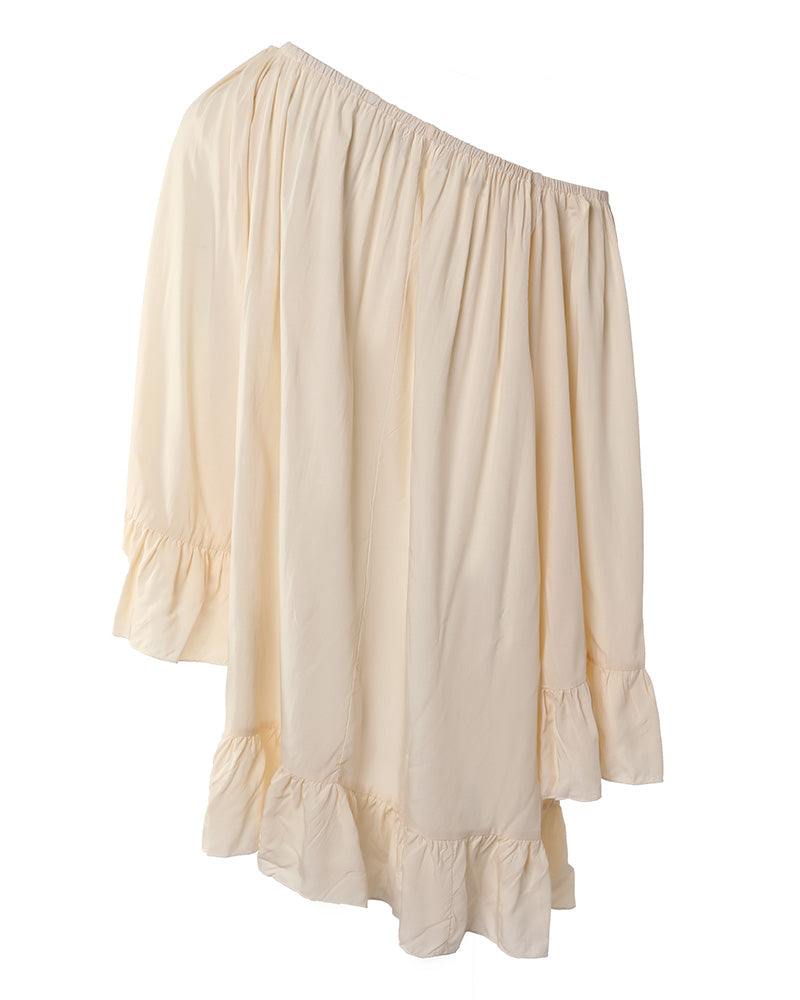 Women's Ruffle Loose Dress Elastic Convertible Shoulder Flare Sleeve Boho Mini Dress