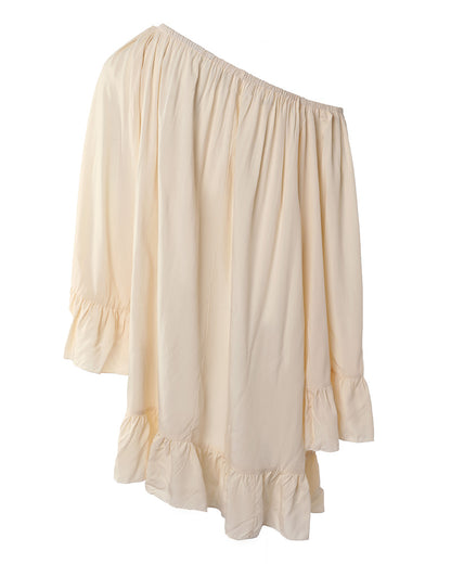 Women's Ruffle Loose Dress Elastic Convertible Shoulder Flare Sleeve Boho Mini Dress