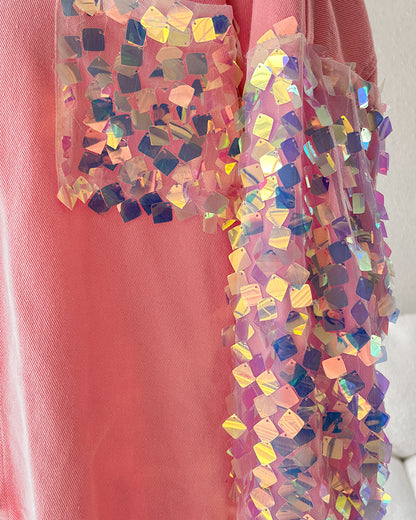 Contrast Sequin Long Sleeve Jacket Top Button Front Raw Hem Loose Fit Shacket