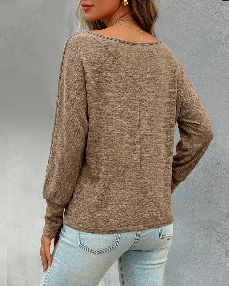 Women's Convertible Shoulder Batwing Sleeve Top Long Sleeve Loose Fit Casual Knit Tee