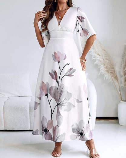 Floral Placement Print Deep V Neck Bell Sleeve Vacation Dress Casual Zipper Back Cinched Waist Maxi Dress With Lining