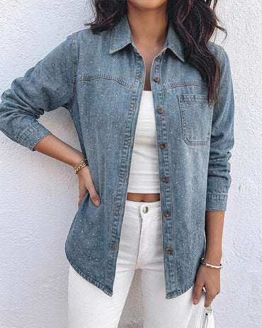 Women's Rhinestone Denim Jacket Washed Button-Down Shacket Sparkling Loose Fit Long Sleeve Casual Outerwear