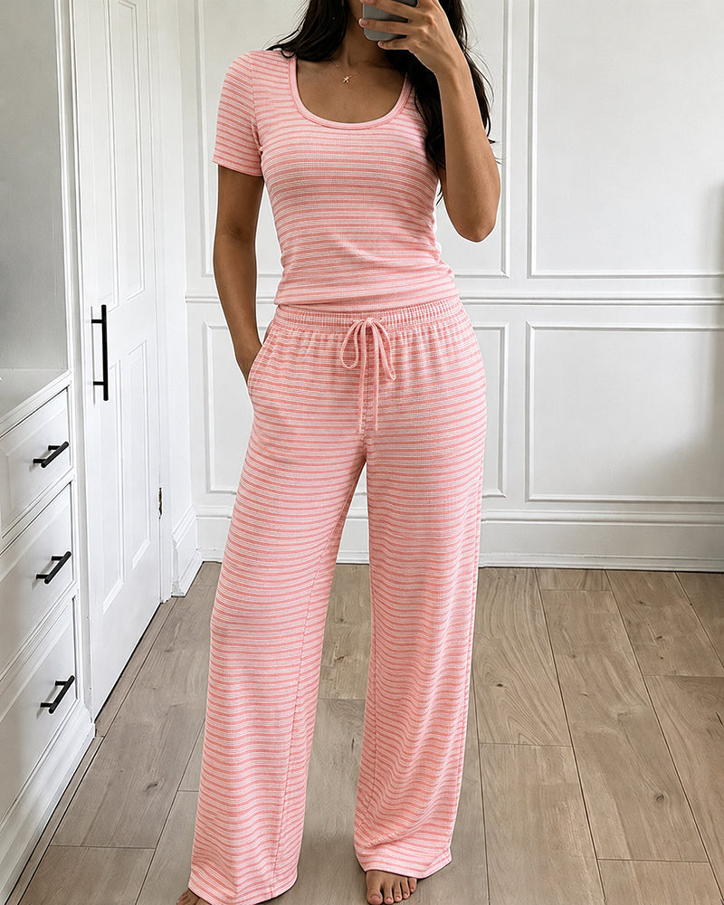 Women's 2 Piece Striped Pajama Set Short Sleeve Square Neck Crop Top and Wide Leg Pants Casual Loungewear