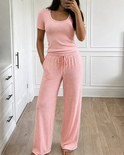 Women's 2 Piece Striped Pajama Set Short Sleeve Square Neck Crop Top and Wide Leg Pants Casual Loungewear