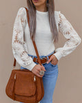 Women's Crewneck Long Sleeve Lace Sunflower Patchwork Waffle Knit Top