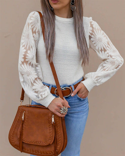 Women's Crewneck Long Sleeve Lace Sunflower Patchwork Waffle Knit Top