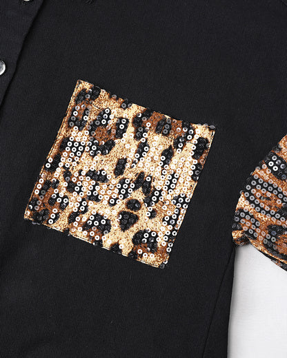Contrast Leopard Sequin Patchwork Long Sleeve Jacket Top Button Front Raw Hem Shacket