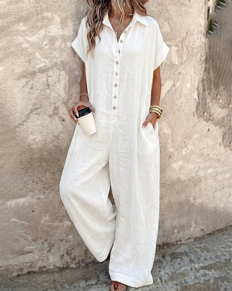Turn-down Collar Short Sleeve Button Front Breathable Overalls Casual Wide Leg Linen Jumpsuit