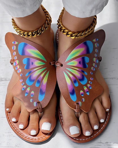 Colorblock Butterfly Print Toe Post Slippers