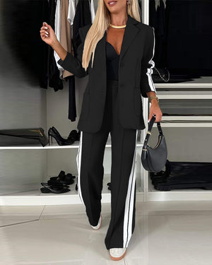 Conjunto informal de blazer de 2 piezas con abrigo de cuello de muesca, cierre de un botón y bolsillos, combinado con pantalones de pierna ancha, cintura elástica y rayas laterales en contraste