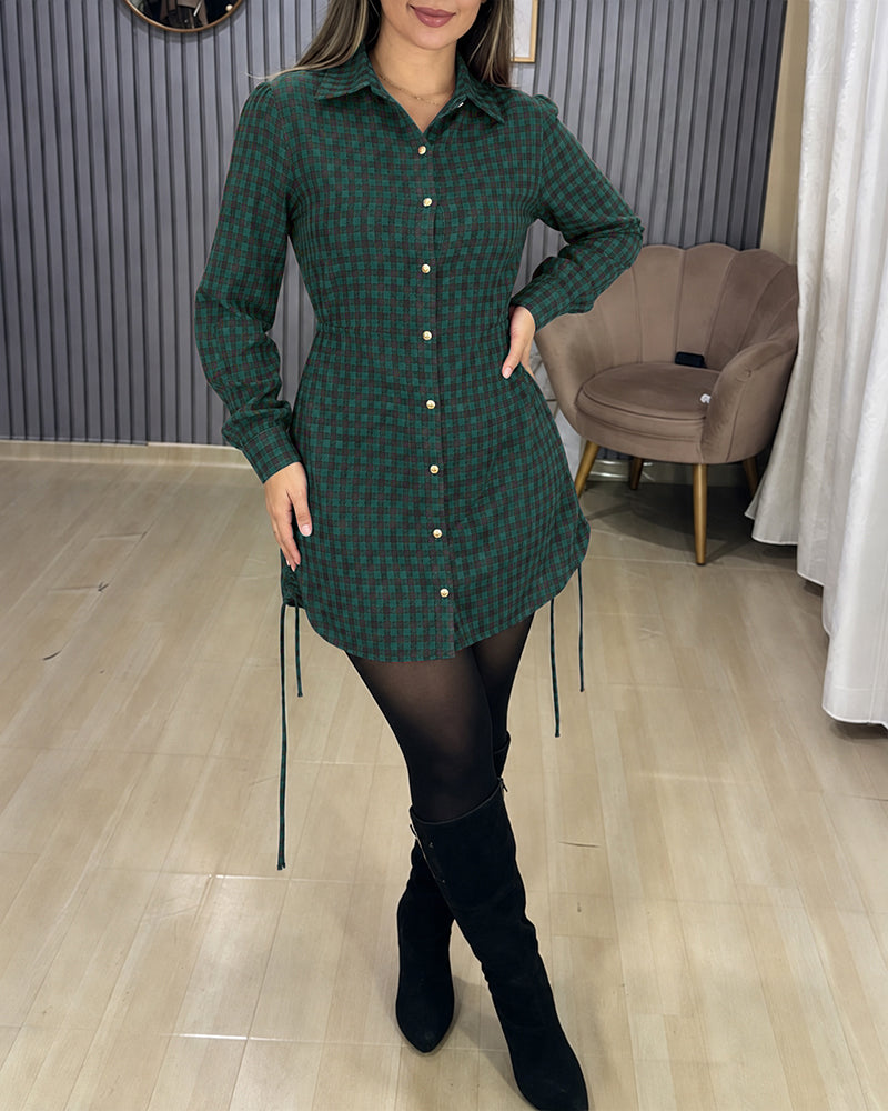 Women's Vintage Plaid Drawstring Long Sleeve Casual Dress Shirred Button Down Shirt Dress