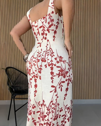 Plants Print Square Neck Thick Strap Slim Fit Maxi Dress Elegant Backless Vacation Dress