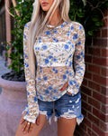 Top ajustado para mujer de encaje transparente con flores vintage, cuello redondo, manga larga y aberturas para los pulgares, sin top de tirantes