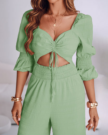 Square Neck Long Sleeve Drawstring  Shirred Jumpsuit
