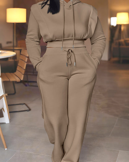 2 Pieces Outfit Long Sleeve Crop Drawstring Hoodie Sweatshirt With Thumb Hole Cuffs And Casual Drawstring Elastic Waist Wide Leg Sweatpants Set