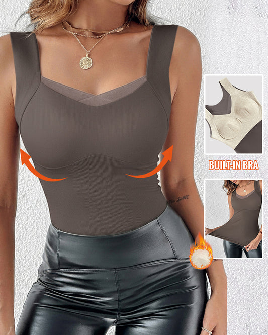 Sheer Mesh Spliced V Neck Sleeveless Built In Bra Tank Casual Warm Fleece Lined Slim Fit Top