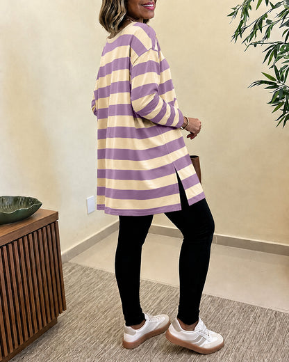 Women's Striped T Shirt Long Sleeve Drop Shoulder Crewneck Tee Side Slit Casual Loose Fit Top