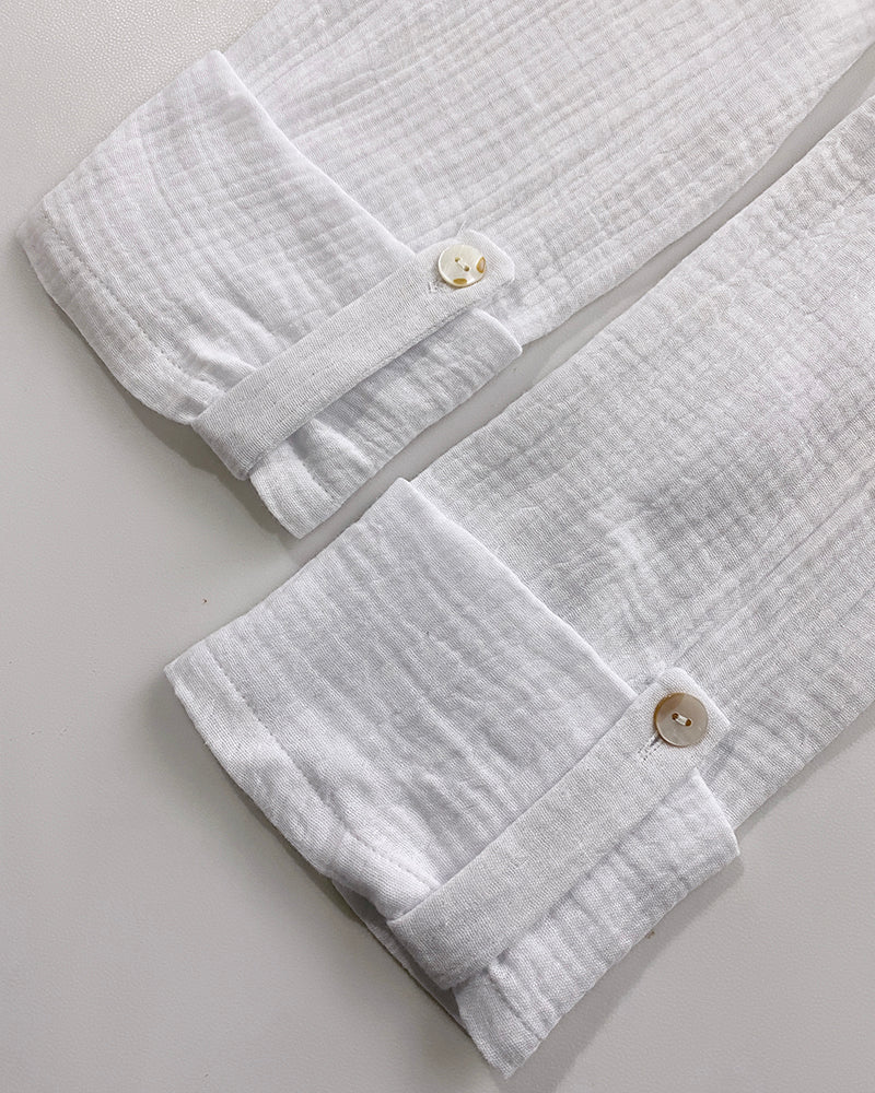 Notch Neck Roll Up Sleeve Lace Overlay Shirt Half Button Front Ruffle Hem Casual Top