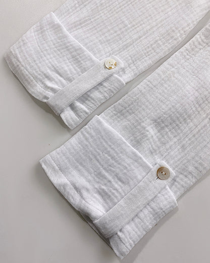 Notch Neck Roll Up Sleeve Lace Overlay Shirt Half Button Front Ruffle Hem Casual Top