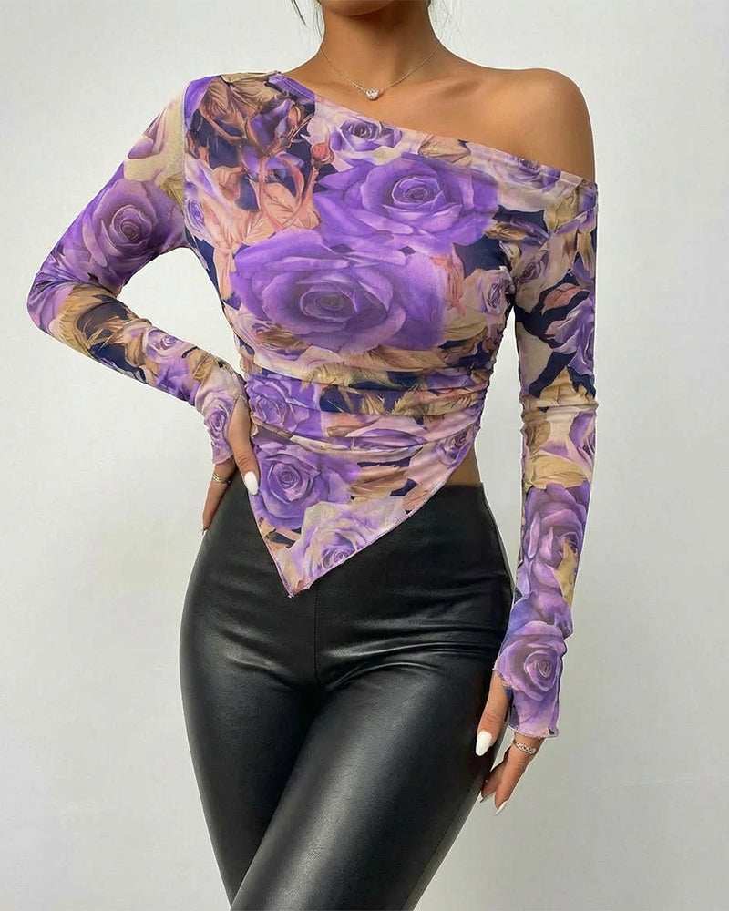 Vintage Floral Print Skew Neck Long Sleeve Asymmetrical Hem Tee Slim Fit Side Ruched Sheer Mesh Top with Thumb Hole Cuffs & Lining