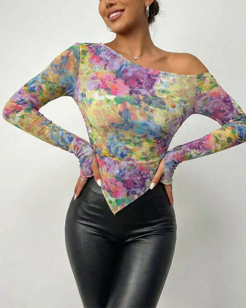 Tie Dye Floral Print Skew Neck Long Sleeve Asymmetrical Hem Tee Slim Fit Side Ruched Sheer Mesh Top with Thumb Hole Cuffs & Lining
