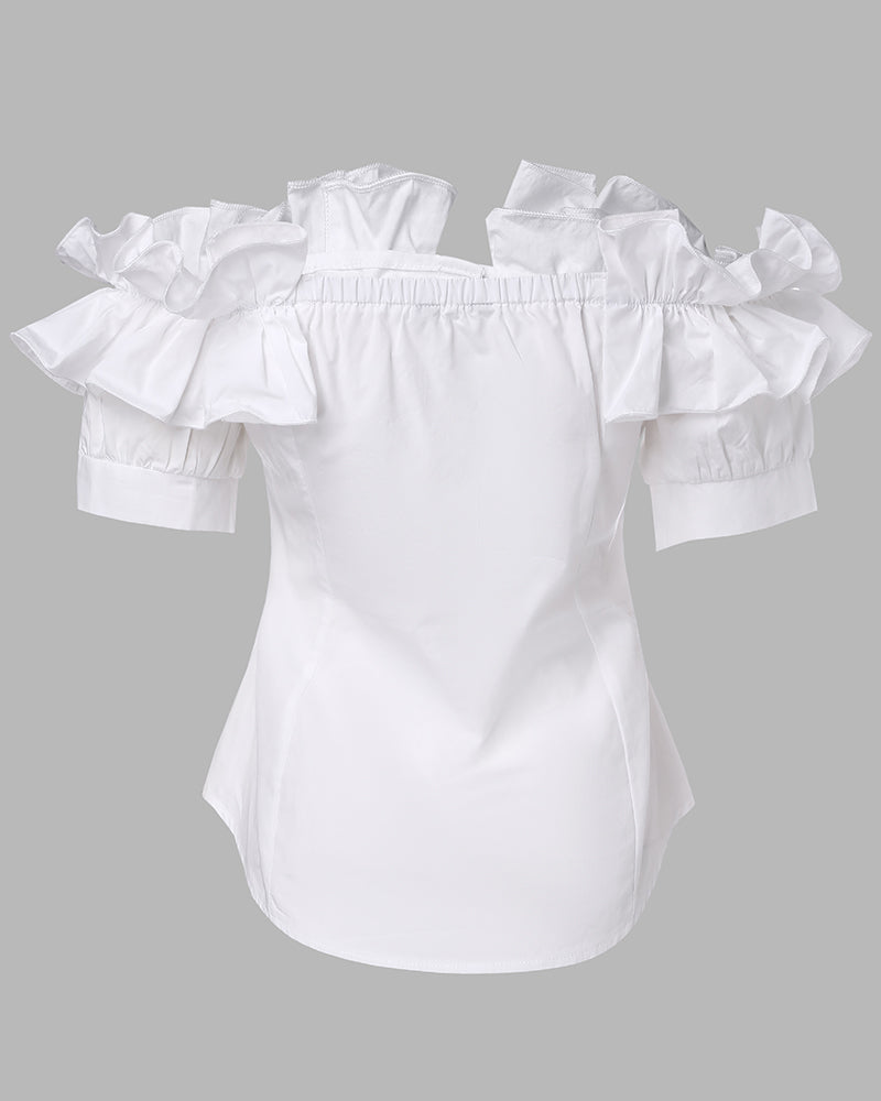 Off the Shoulder Short Sleeve Blouses Asymmetrical Button Ruffles Blouses