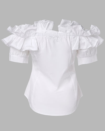 Off the Shoulder Short Sleeve Blouses Asymmetrical Button Ruffles Blouses
