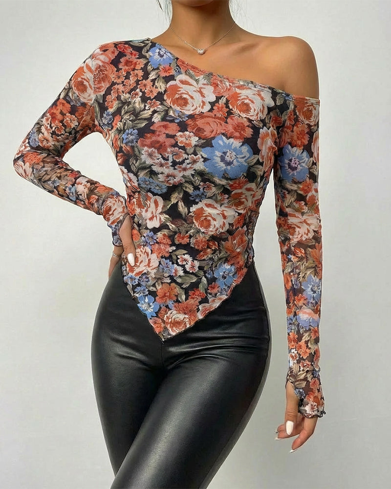 Vintage Floral Print Skew Neck Long Sleeve Asymmetrical Hem Tee Slim Fit Side Ruched Sheer Mesh Top with Thumb Hole Cuffs & Lining