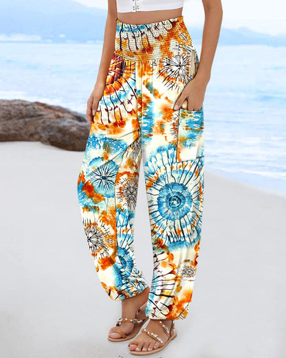 Tie Dye Print Shirred High Waist Cinched Hem Long Pants Vacation Pants with Pocket