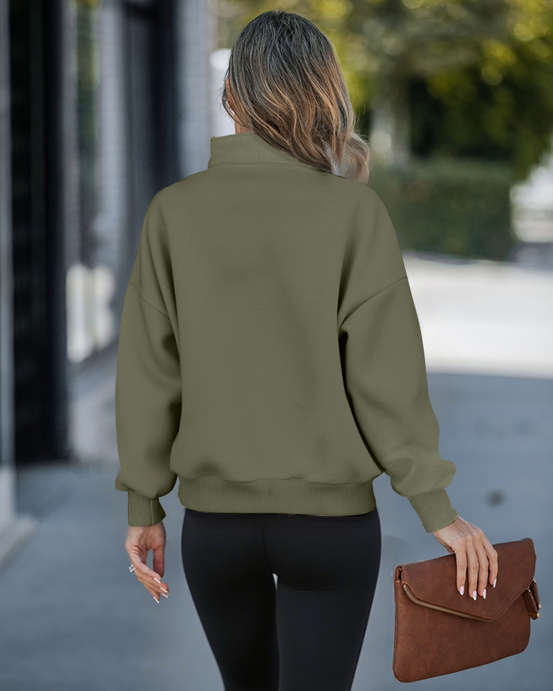 High Neck Half Zip Long Sleeve Kangaroo Pocket Sweatshirt Casual Drop Shoulder Top
