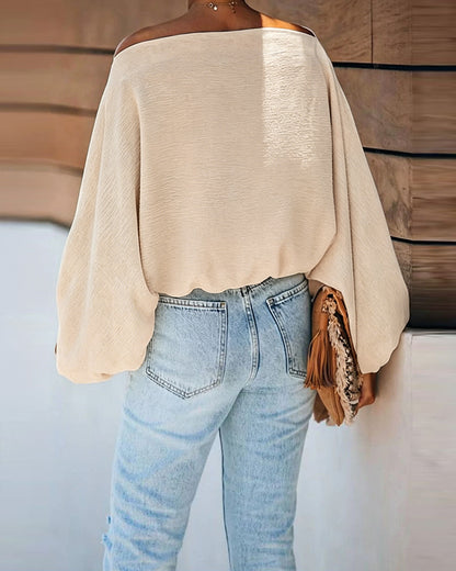 Women's French Style Off Shoulder Blouse Elegant Lantern Sleeve Top Versatile Skew Neck Textured Shirt